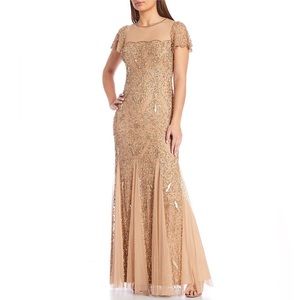 Adrianna Papell Champagne Gold Hand-Beaded Illusion Long Gown With Godets